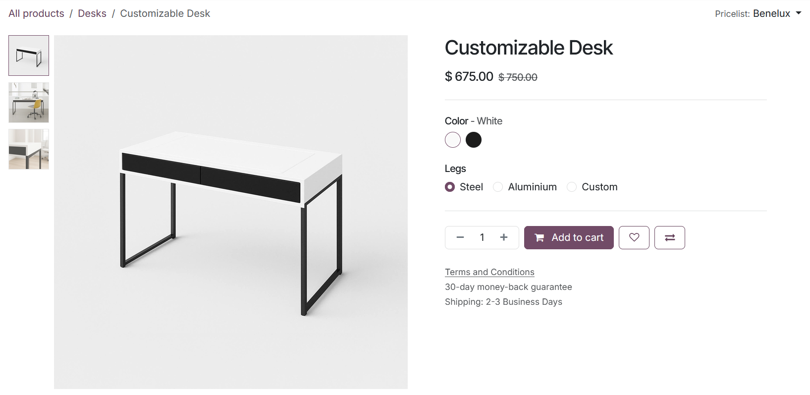 Odoo-webshop productpagina van een configureerbaar bureau met variantkeuzes en winkelwagenknop.