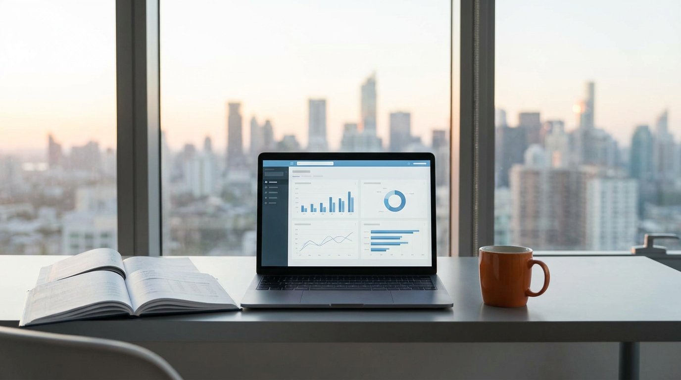Laptop met een rapportagedashboard vol staaf-, lijn- en ringdiagrammen op een bureau voor een groot raam met uitzicht op een skyline, naast een opengeslagen boek en een oranje mok.