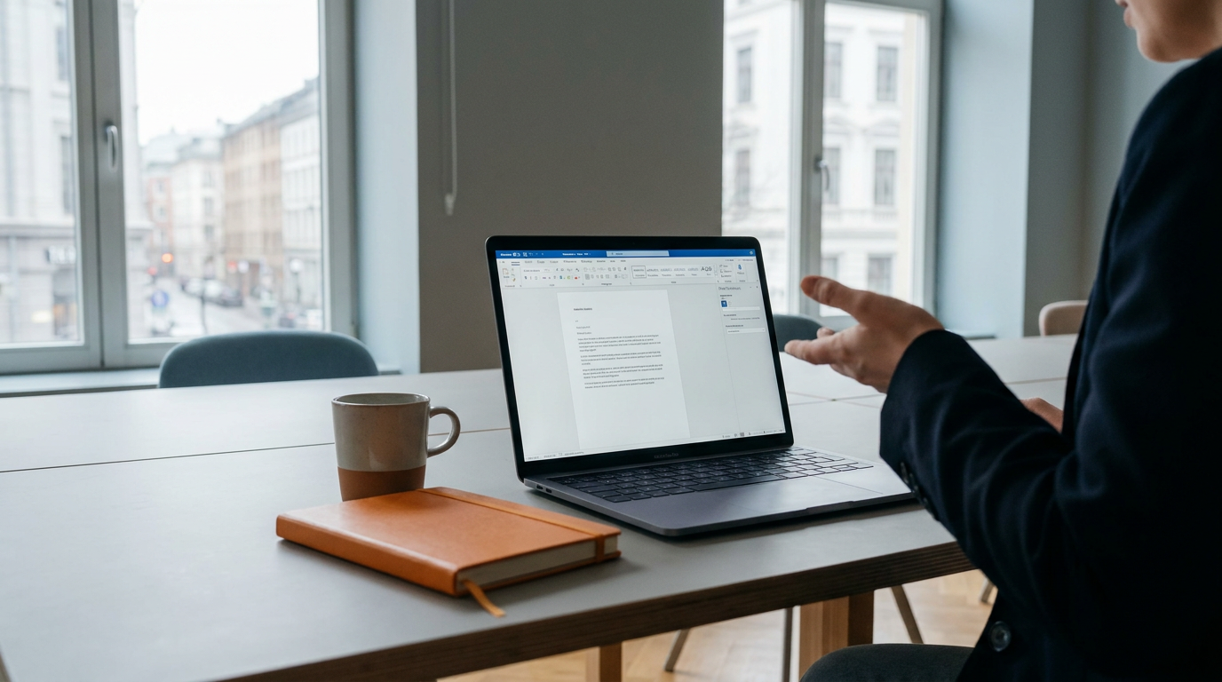 Persoon in een donker colbert gebaart tijdens een uitleg naast een laptop met een tekstdocument in een tekstverwerker, op een vergadertafel met een oranje notitieboek en een mok, voor grote ramen met uitzicht op de stad.